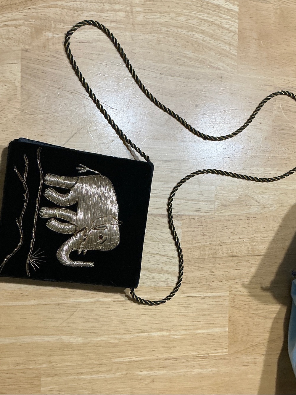 Black Velvet Crossbody Bag with Gold Elephant Motif